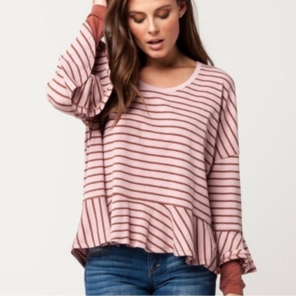 EUC Free People Round About Striped Peplum Hem Top Generous Size Small